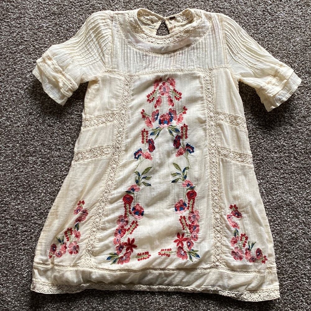 Free People Cream Dress with Red and Blue Embroidery